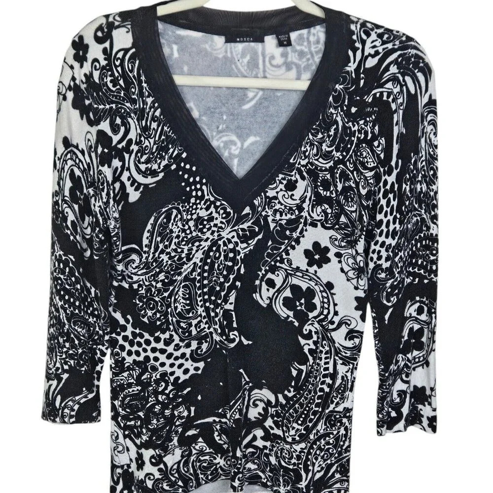 Mosca Pullover V Neck Sweater Black White 3/4 Sleeve Paisley Size Medium